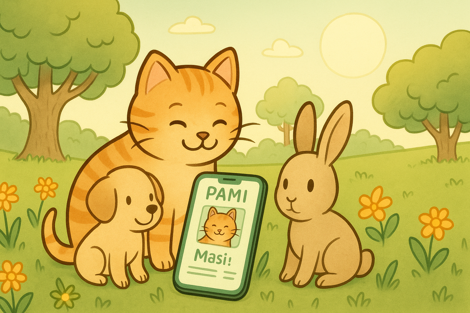 Illustrasjon av glade kjæledyr og PAMI app